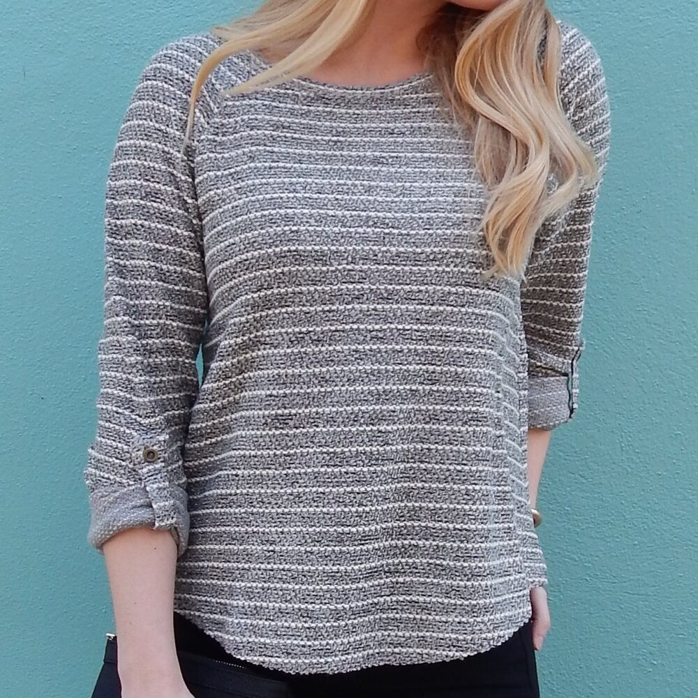 Grey & White Metallic Thread Striped Sweater Top- Sm & Med